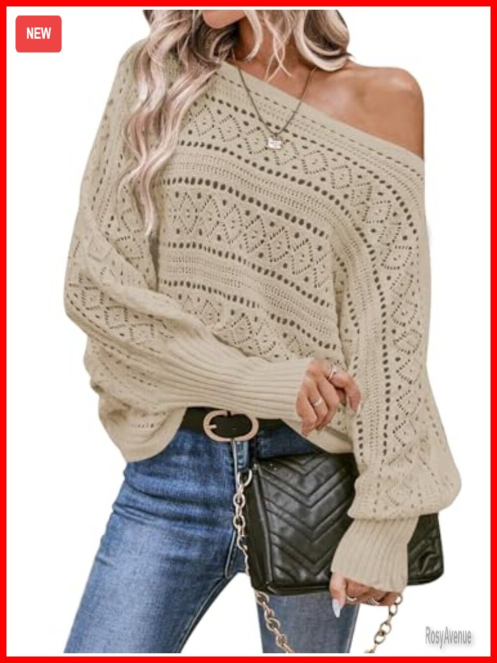 Womens Off Shoulder Oversized Knit Batwing Sleeve Crochet Sweater Pullover